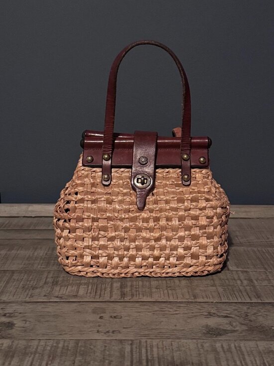 John Romain Handbags - John Romain, Vintage 1960s Woven Straw & Leather Top Handle Handbag